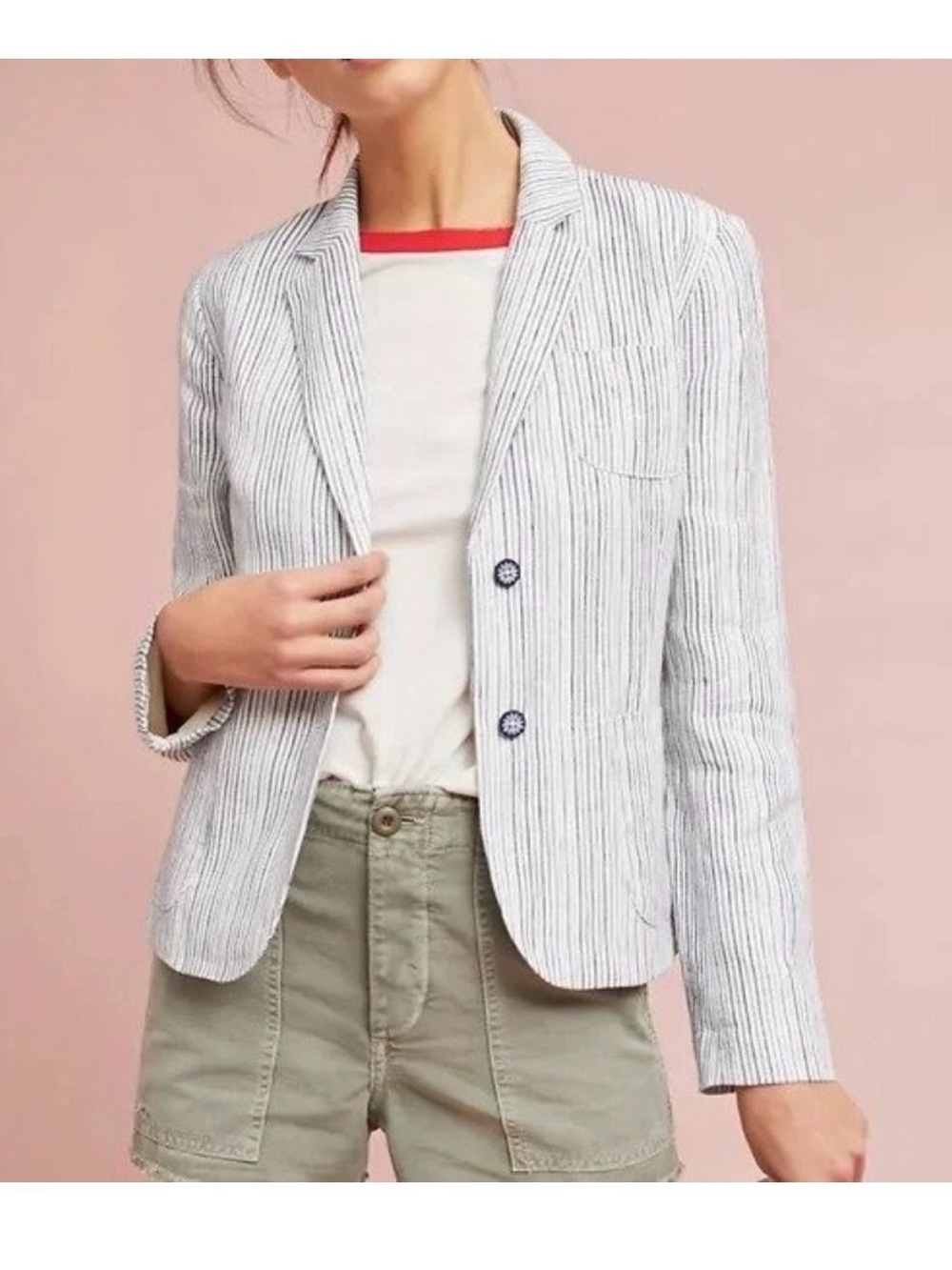 Anthropology Striped White & Light Blue Blazer